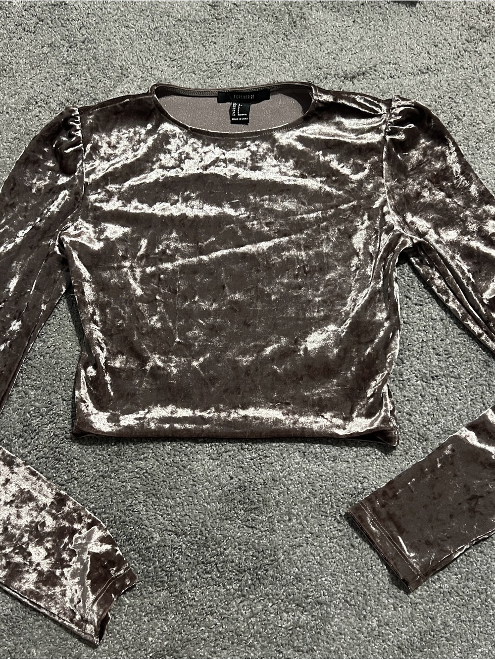 Forever 21 Crushed Velvet Long Sleeve Crop Top - Taupe size S